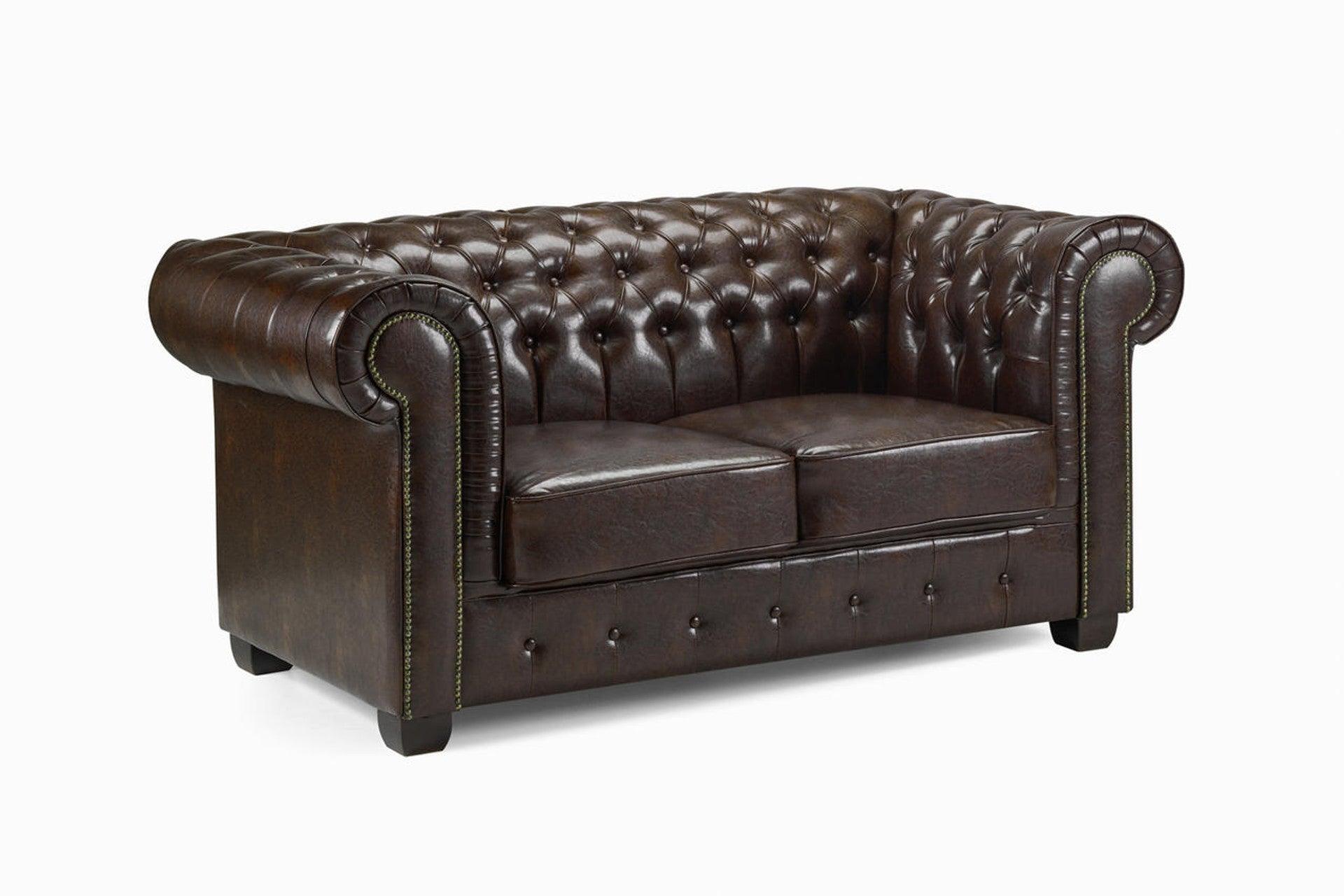 Chesterfield 2 seater antique brown leather sofa with tufted back and rolled arms