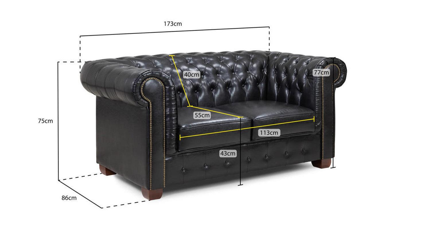 Chesterfield leather 2 seater sofa in antique brown with measurements displayed