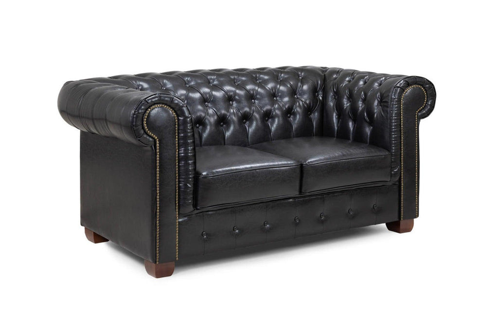 Black leather Chesterfield 2 seater sofa with tufted back and rolled arms