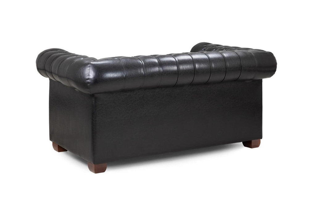 Black leather Chesterfield 2 seater sofa with tufted back and wooden legs, rear view