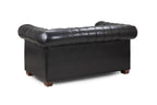 Black leather Chesterfield 2 seater sofa with tufted back and wooden legs, rear view