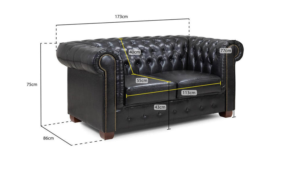 Black Chesterfield leather 2-seater sofa with button tufting and detailed size measurements