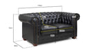 Black Chesterfield leather 2-seater sofa with button tufting and detailed size measurements