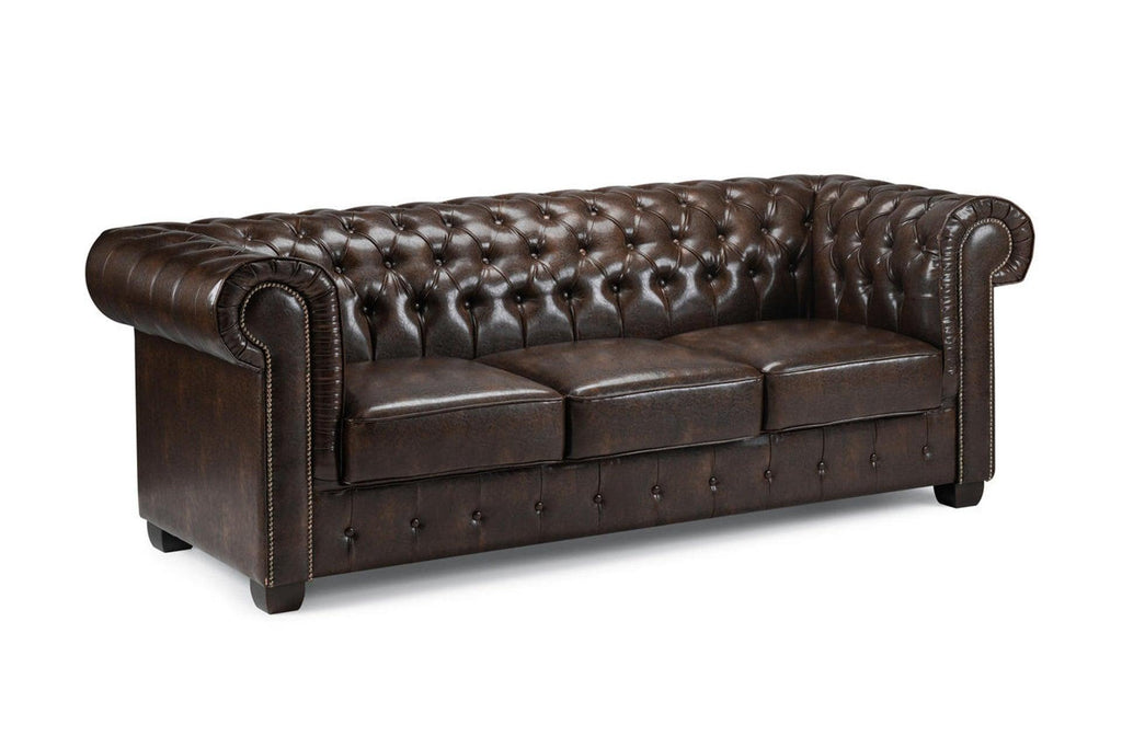 Chesterfield leather 3 seater sofa in antique brown with tufted back and rolled arms