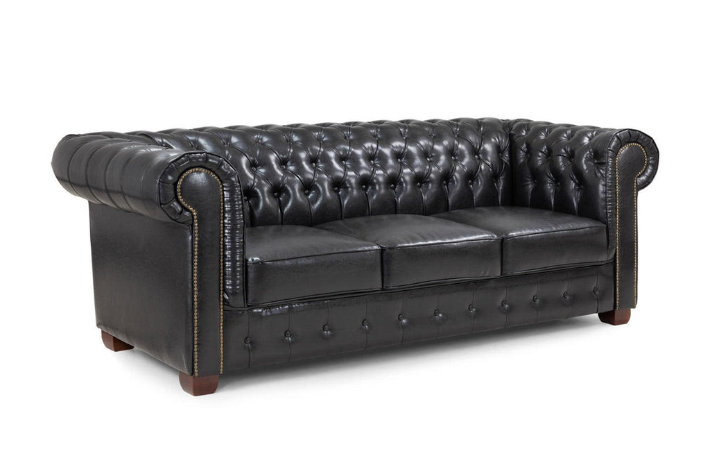 Black leather Chesterfield 3-seater sofa with button-tufted back and rolled arms