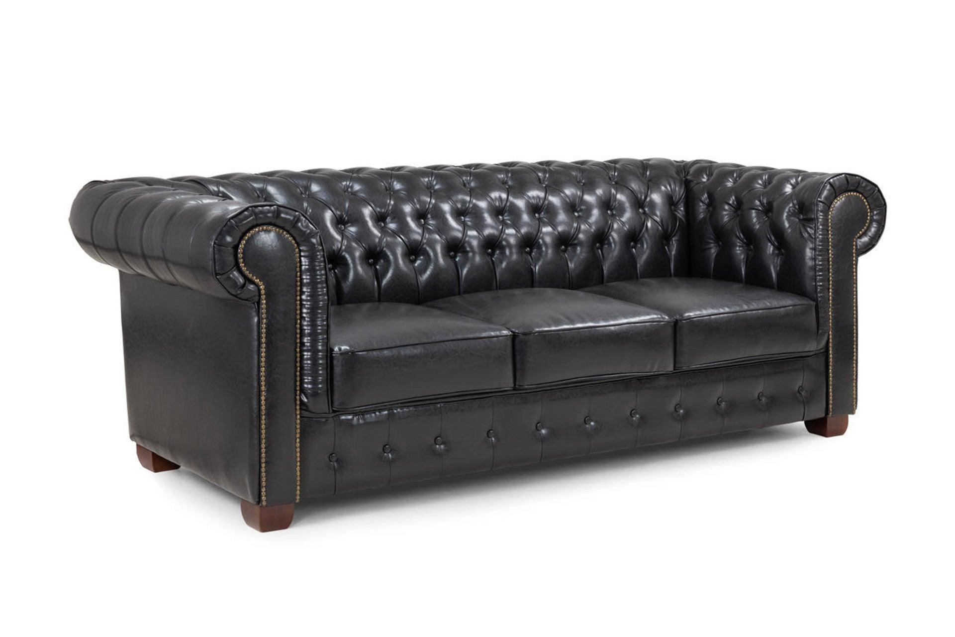 Black leather Chesterfield 3-seater sofa with button-tufted back and rolled arms