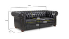 Black chesterfield leather 3 seater sofa with button-tufted design and labeled dimensions.