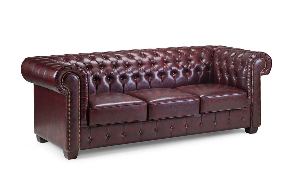 Oxblood chesterfield leather 3 seater sofa with tufted back and rolled arms