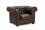 Chesterfield leather armchair in antique brown with tufted back and classic rolled arms
