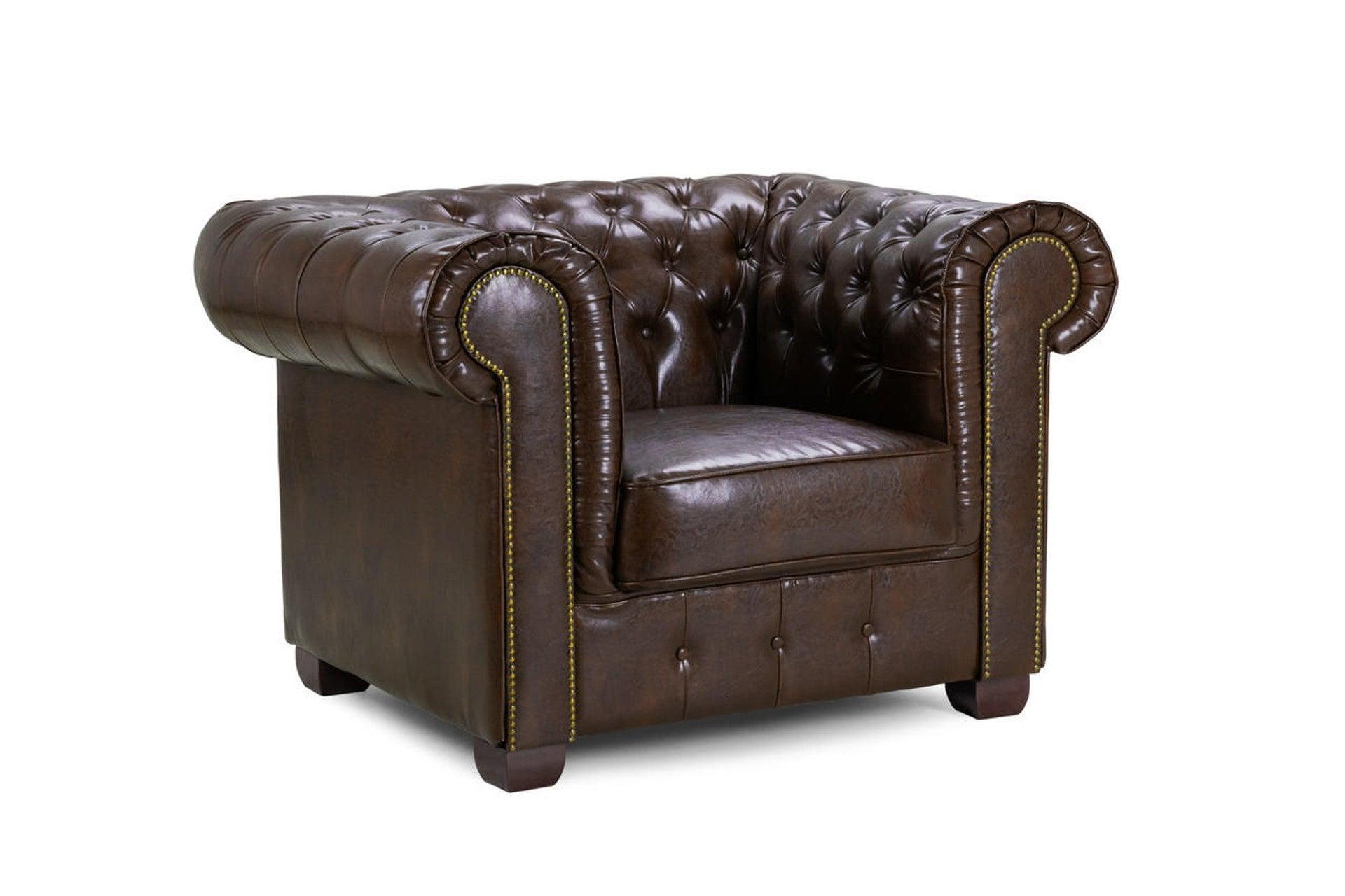 Chesterfield leather armchair in antique brown with tufted back and classic rolled arms