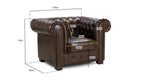 Antique brown Chesterfield leather armchair with rolled arms and detailed size measurements