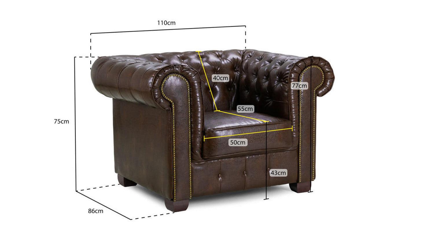 Chesterfield leather armchair in oxblood color with visible dimensions and tufted design