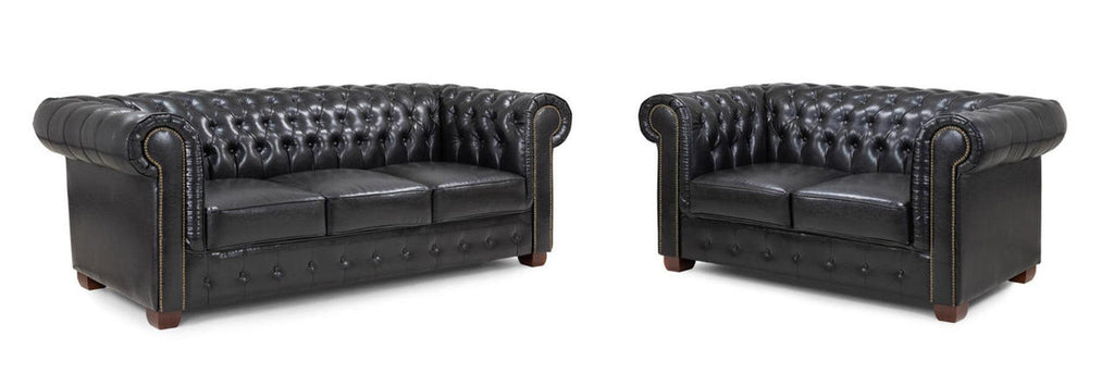 Black Chesterfield leather sofa set with tufted back and rolled arms