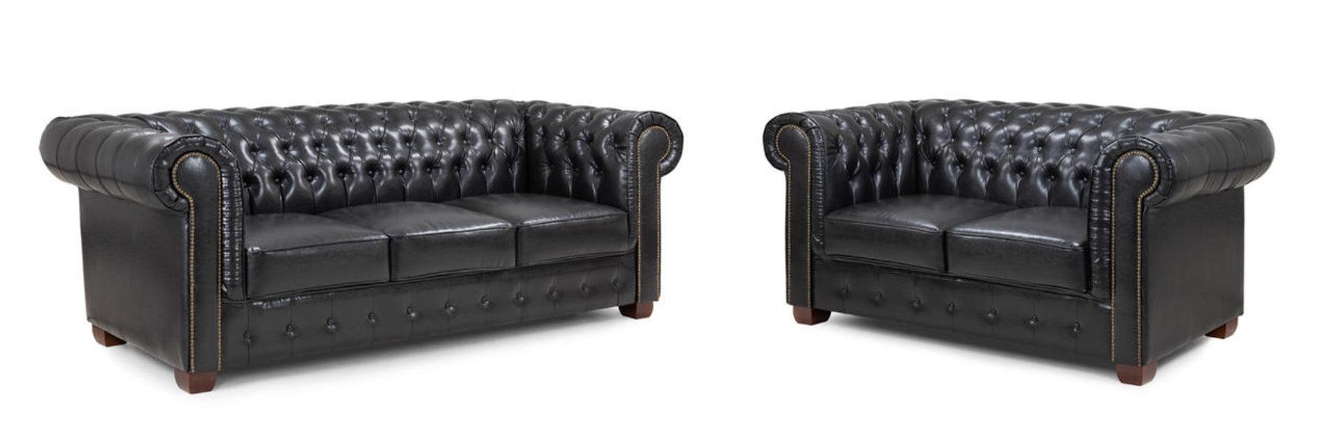 Black Chesterfield leather sofa set with tufted back and rolled arms