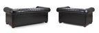 Black leather Chesterfield sofa set with tufted backs and wooden feet, rear view