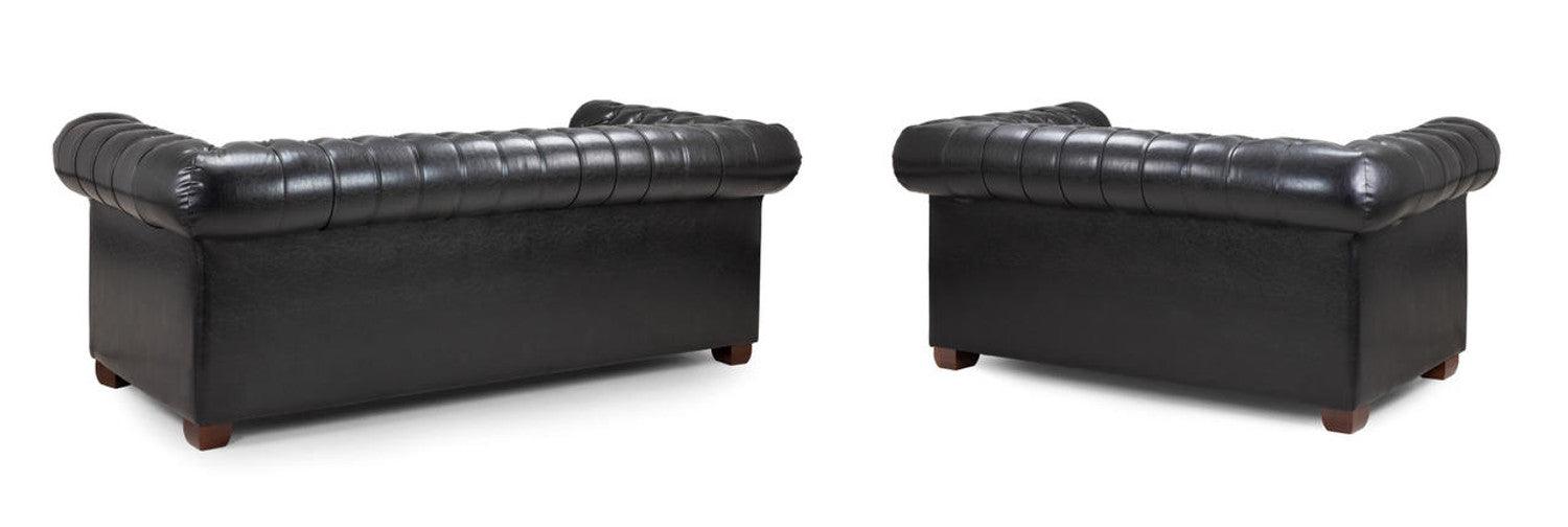 Black leather Chesterfield sofa set with tufted backs and wooden feet, rear view