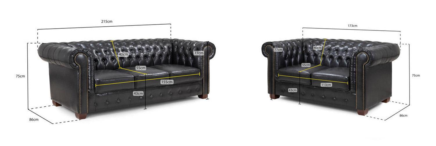 Black chesterfield leather sofa set with dimensions, tufted back and rolled arms
