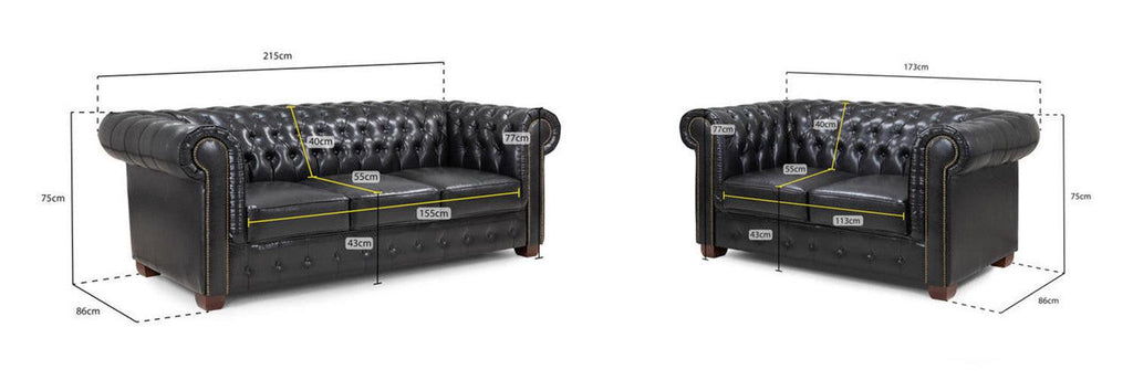 Chesterfield leather sofa set in dark oxblood with detailed measurements, tufted design, and rolled arms