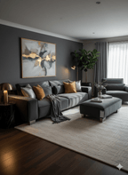 Modern grey sofa set with ottoman and armchair in a contemporary living room
