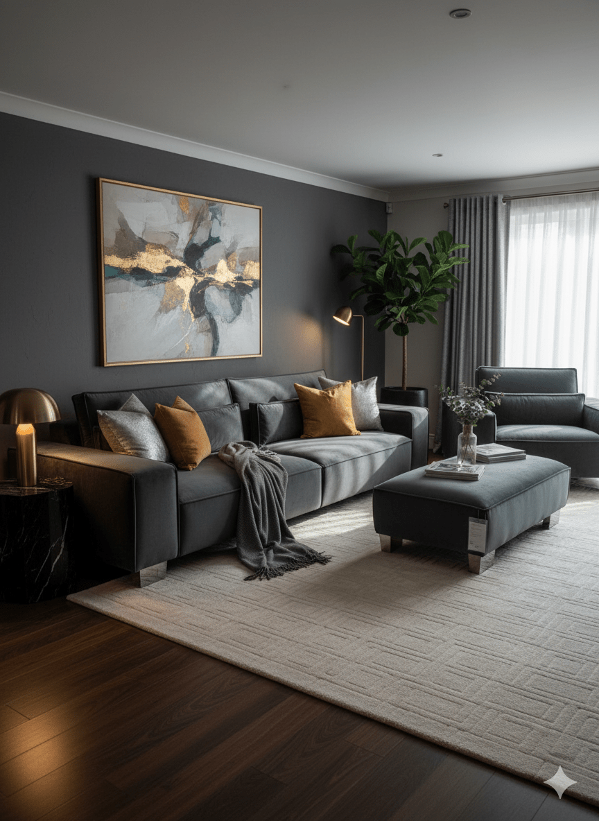 Modern grey sofa set with ottoman and armchair in a contemporary living room