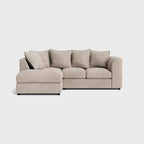 Cream fabric left corner sofa set with plush cushions and chaise lounge on white background