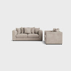 Cream corner sofa set with plush cushions, modern minimalist design on light background