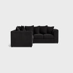 Modern black corner sofa set with deep seats and plush back cushions on white background