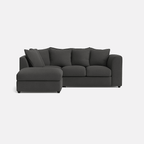 Modern left corner sectional sofa in dark grey fabric with plush cushions and wide armrests