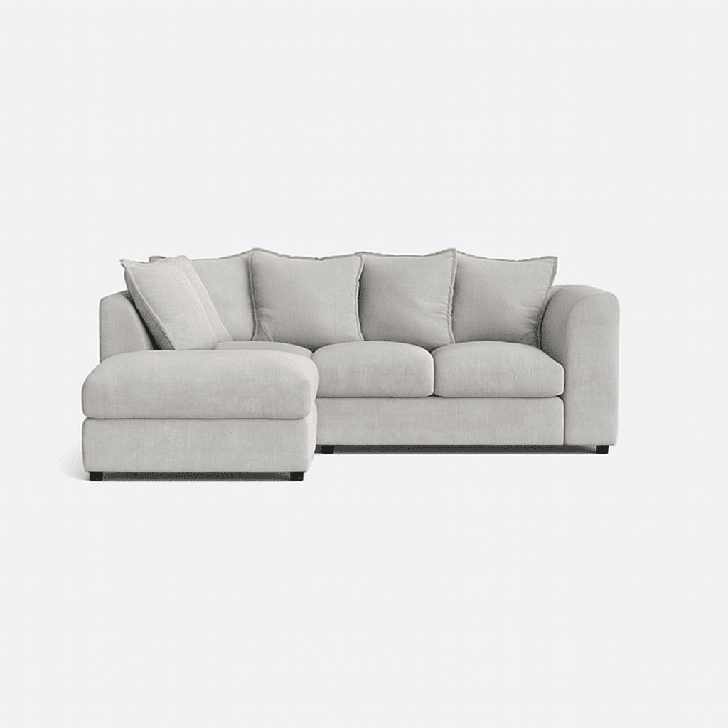 Cream left corner sofa set with plush cushions and modern design, ideal for living rooms.