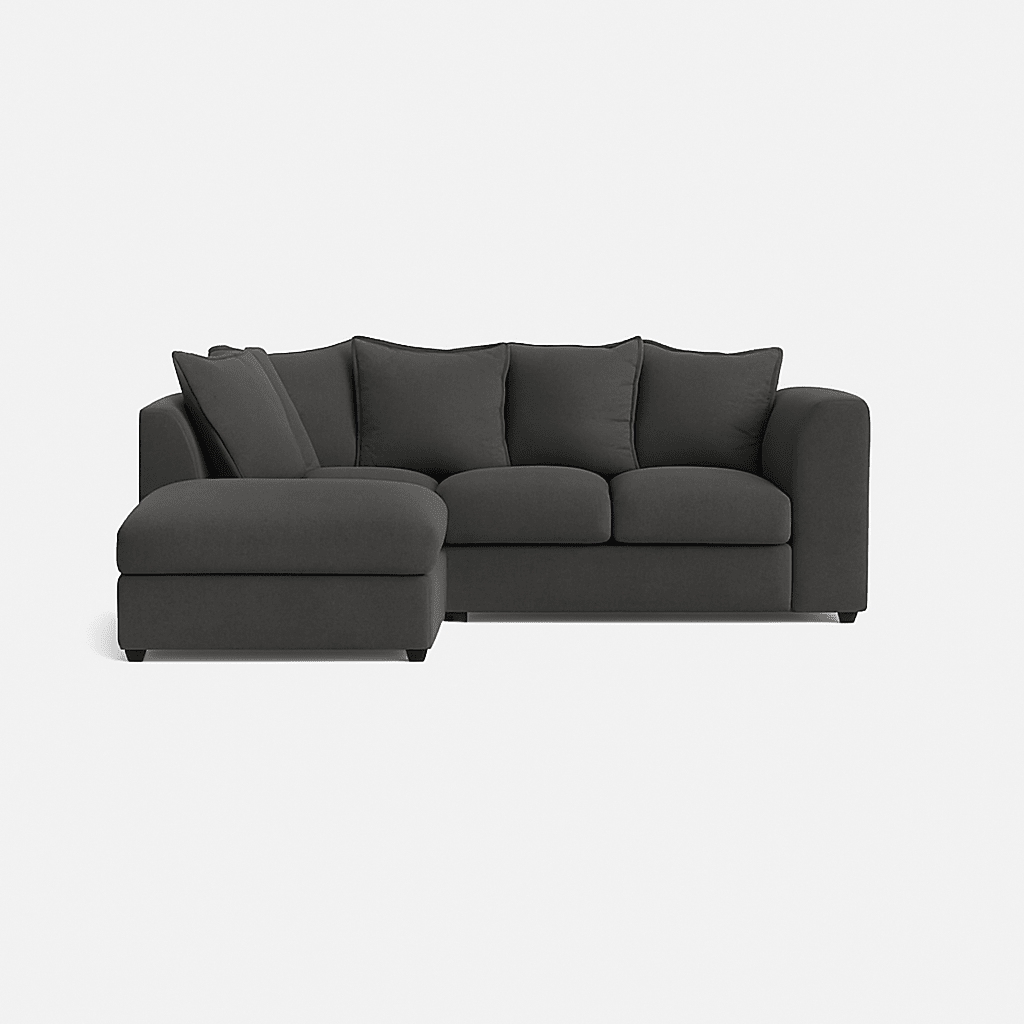 Modern left corner sofa set in dark grey fabric with plush cushions, isolated on white background.