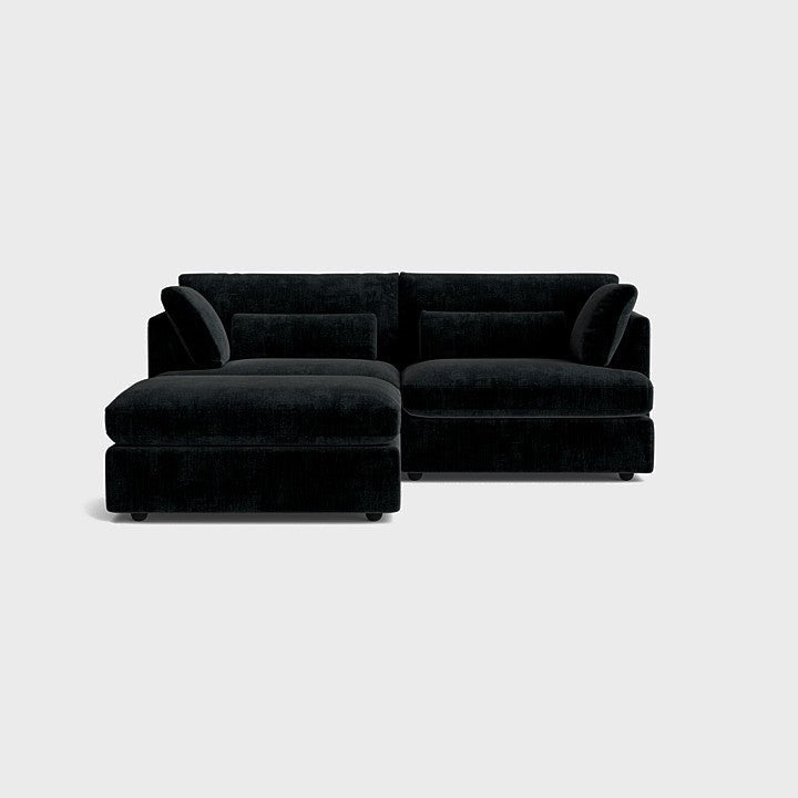 Modern black chenille 3-seater sofa set with chaise lounge, plush cushions, minimalist style