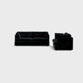 Black chenille 3 and 2 seater sofa set with plush cushions on a plain background