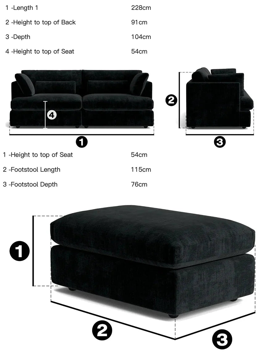 Black chenille sofa set and footstool with measurements, modern living room furniture
