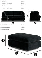 Black chenille sofa set and footstool with measurements, modern living room furniture
