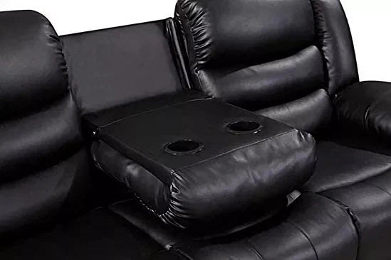 Black leather reclining sofa with center armrest and built-in cup holders
