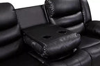 Black leather reclining sofa with center armrest and built-in cup holders