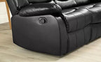 Black leather 3-seater reclining sofa with manual recliner handle on wooden floor