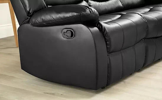 Black leather 3-seater reclining sofa with manual recliner handle on wooden floor
