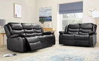 Black leather reclining 3-seater sofa and loveseat in modern living room setting