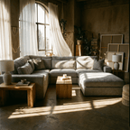 Ash grey 4-piece corner sofa in modern living room with natural light and wood tables