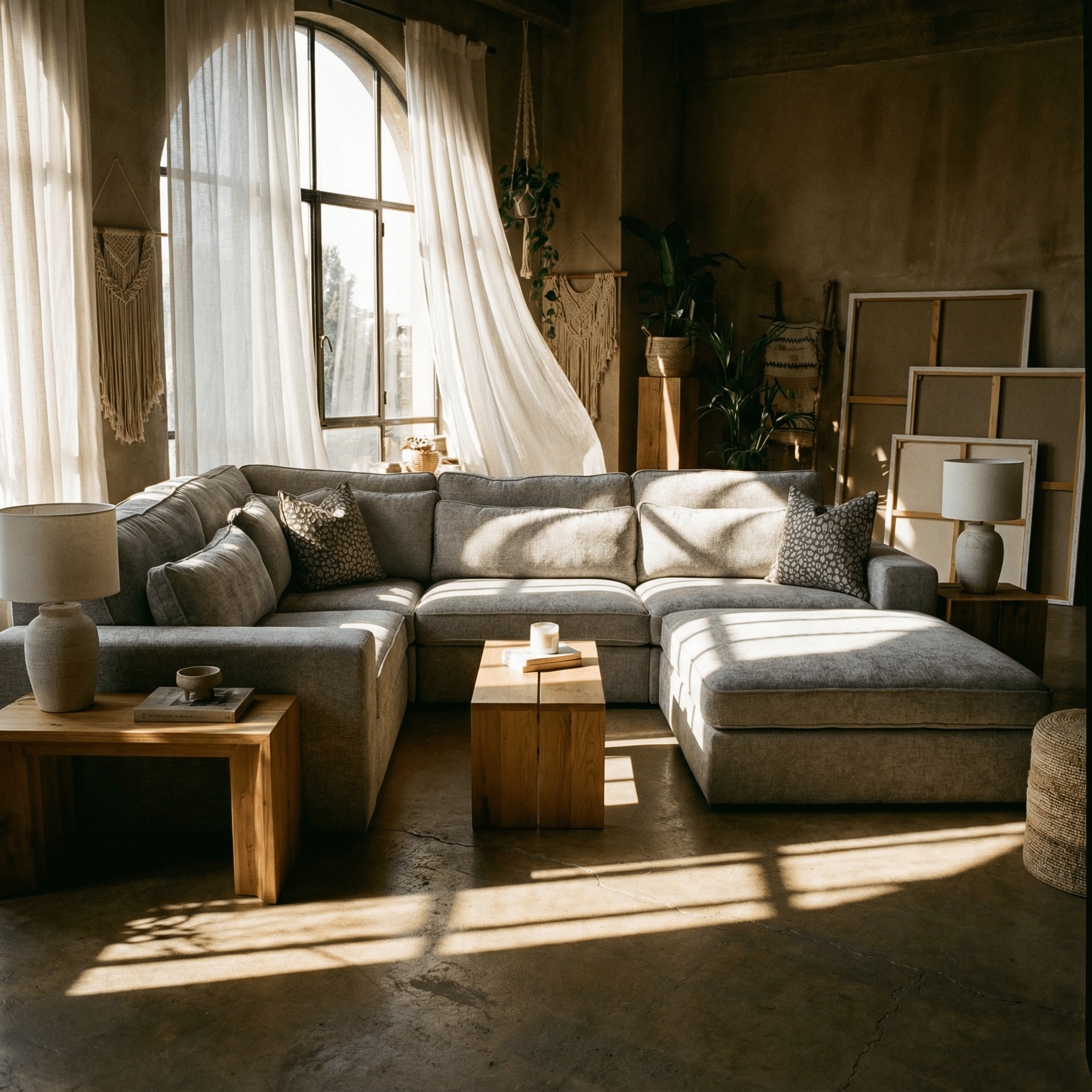 Ash grey 4-piece corner sofa in modern living room with natural light and wood tables