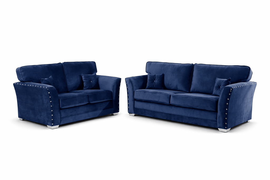 Blue velvet 3-seater and 2-seater sofa set with silver stud details and matching cushions