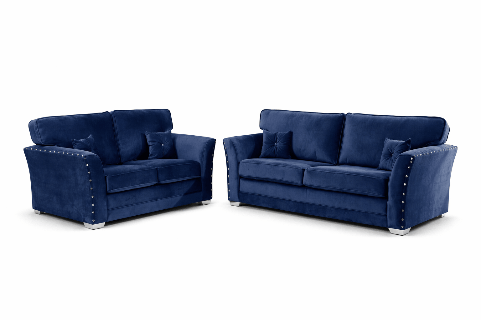 Blue velvet 3-seater and 2-seater sofa set with silver stud details and matching cushions