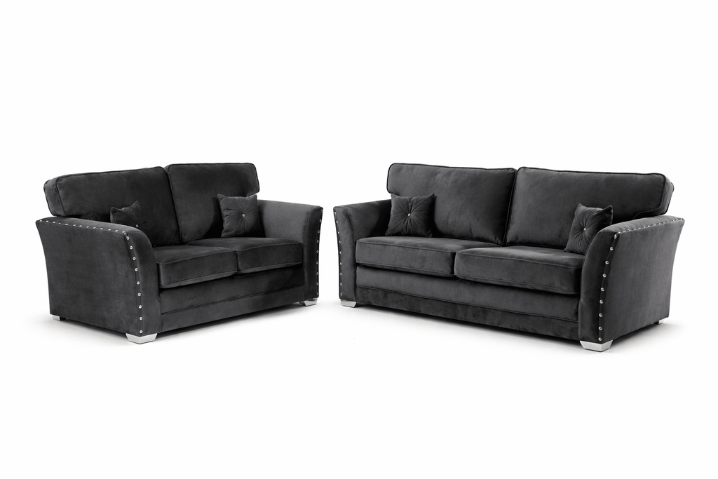 Black velvet 3 and 2 seater sofa set with studded arms and matching scatter cushions