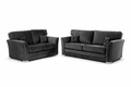 Black velvet 3 and 2 seater sofa set with studded arms and matching scatter cushions