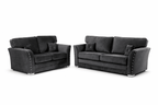 Black velvet 3 and 2 seater sofa set with studded arms and matching scatter cushions