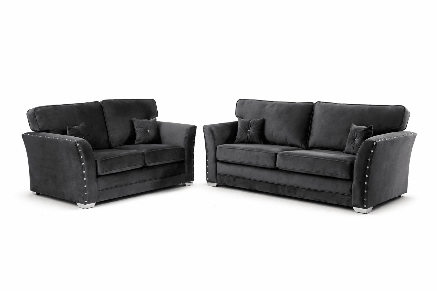 Black velvet 3 and 2 seater sofa set with studded arms and matching scatter cushions