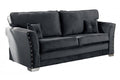 Black velvet 3 seater sofa with studded arms and matching cushions on metal legs