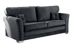 Black velvet 3 seater sofa with studded arms and matching cushions on metal legs