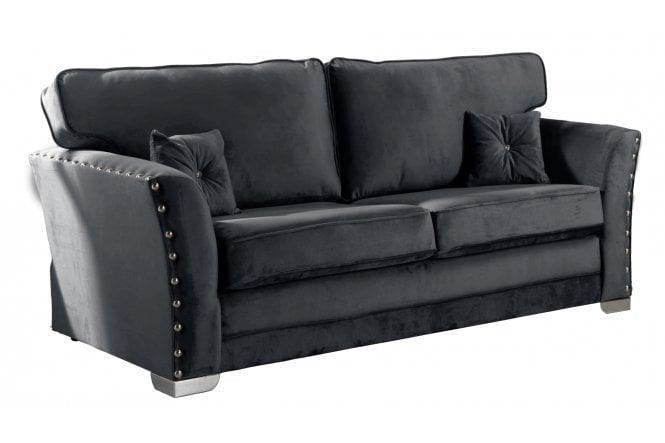 Black velvet 3 seater sofa with studded arms and matching cushions on metal legs